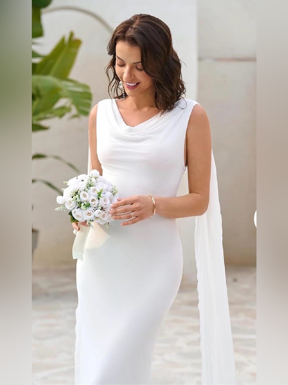 Parthea Womens XS White Cowl Neck Sleeveless Cape Dress Bridal Formal